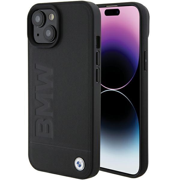Capa BMW Leather Hot Stamp para iPhone 15 Plus - preta