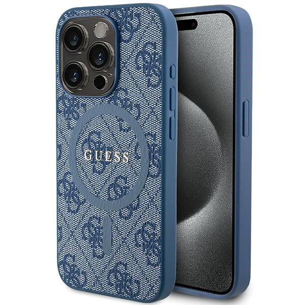 Capa Guess 4G Collection Leather Metal Logo MagSafe para iPhone 15 Pro - azul