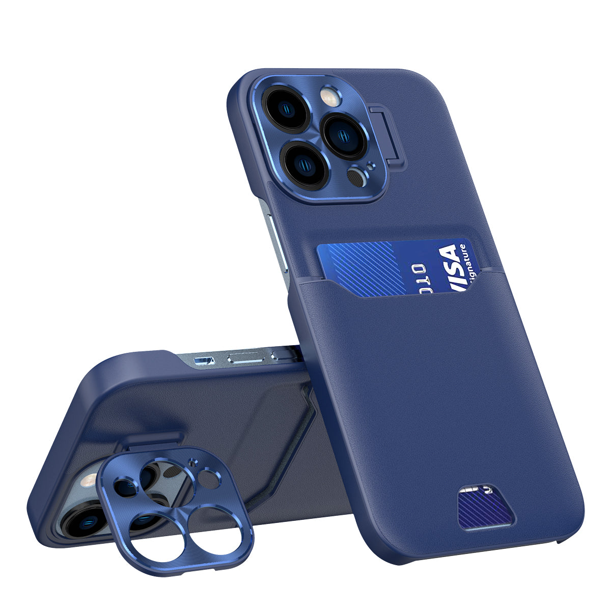 Capa de Couro com Suporte para iPhone 14 Pro, Capa Carteira com Porta-Cartões e Apoio na Cor Azul