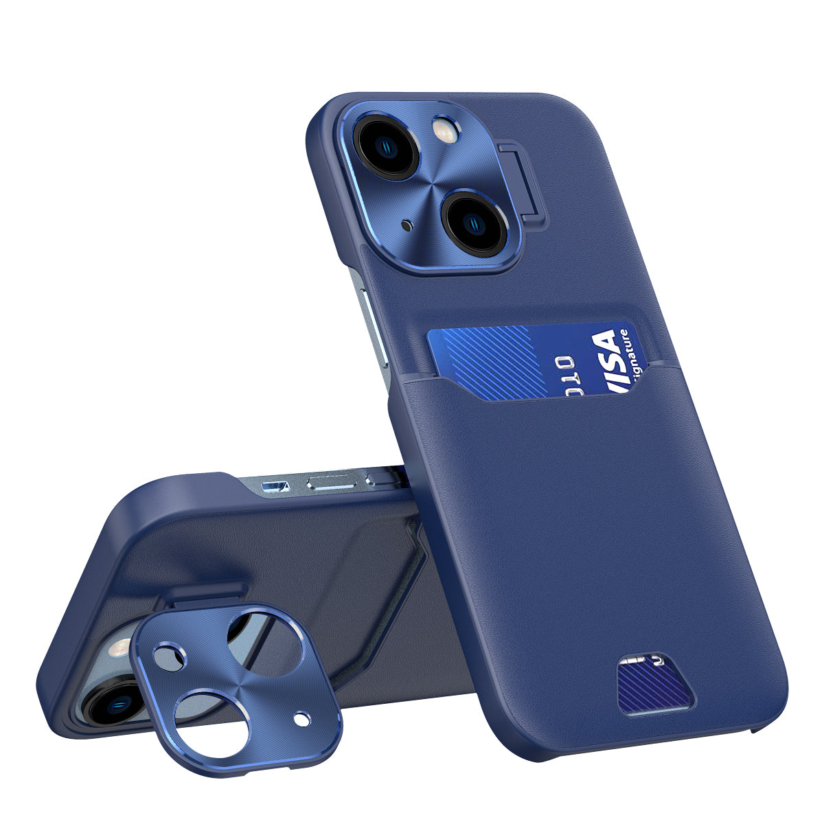 Capa de Couro com Suporte e Porta-Cartões para iPhone 14 na cor azul