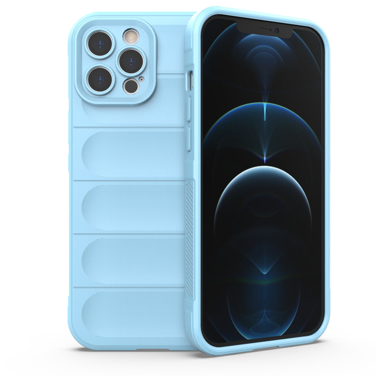 Capa Magic Shield Case para iPhone 12 Pro Max, capa protetora flexível e resistente na cor azul claro.