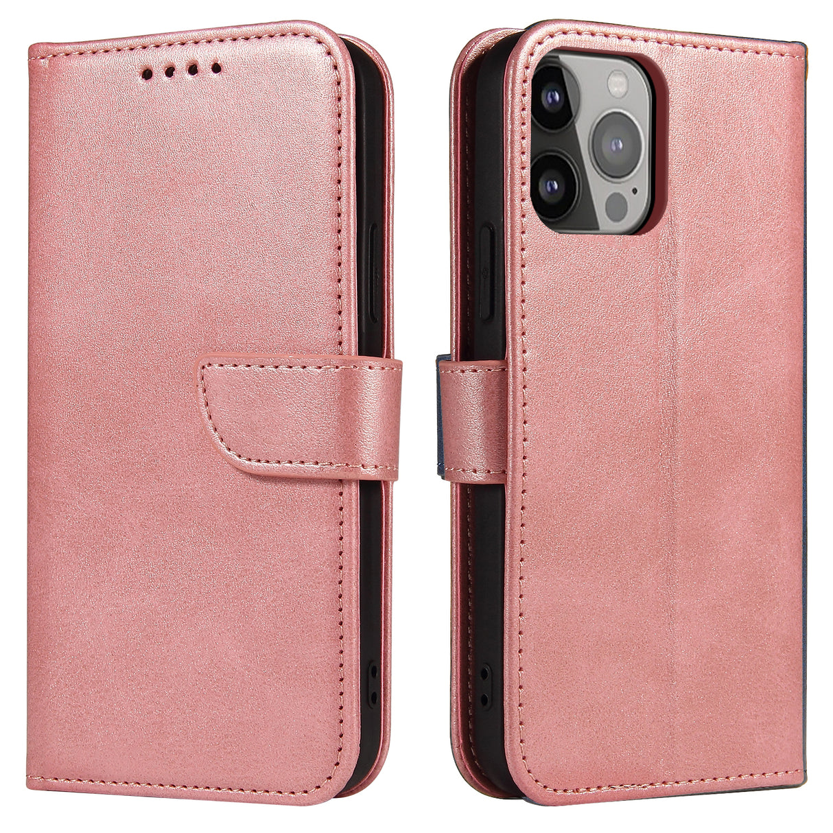 Capa Magnética elegante com aba e função de suporte para iPhone 14 Pro rosa.
