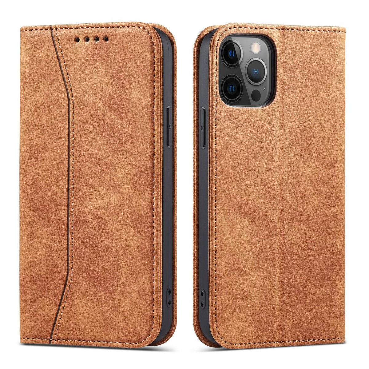 Caso elegante de ímã, capa para iPhone 12 Pro Max, carteira porta-cartões, suporte castanho