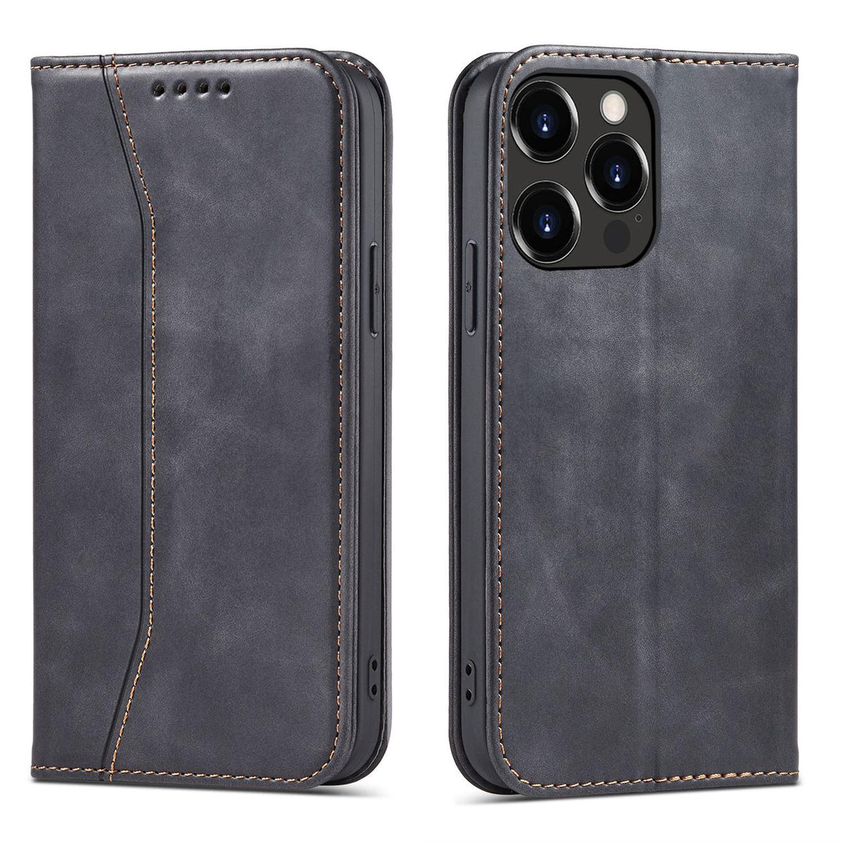 Capa Magnética Fancy para iPhone 13 Pro, capa tipo carteira com porta-cartões e suporte, na cor preta.