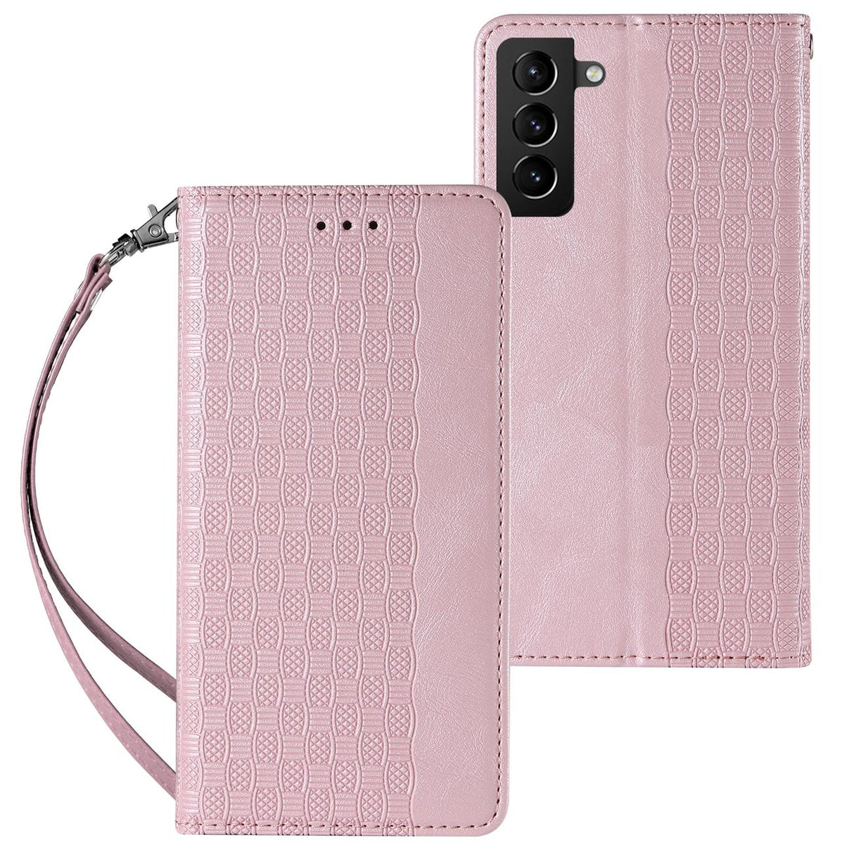 Capa com Alça Magnética para Samsung Galaxy S22+ (S22 Plus) capa carteira + mini cordão pendente rosa.