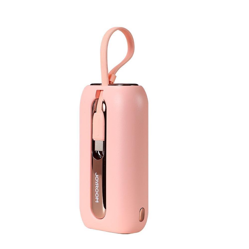 Joyroom mini powerbank 10000mAh Série Colorida 22.5W com 2 cabos embutidos USB C e Lightning rosa (JR-L012)