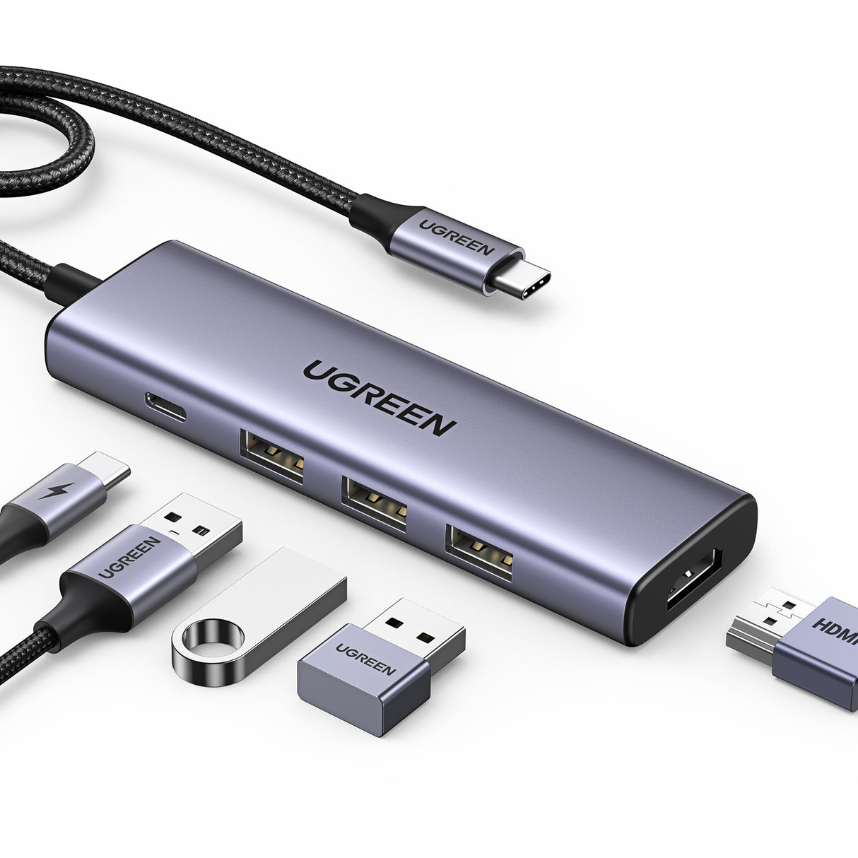HUB multifuncional 5 em 1 USB-C - HDMI 1.4 / 3 x USB-A / USB-C PD 100W Ugreen CM511 - cinza