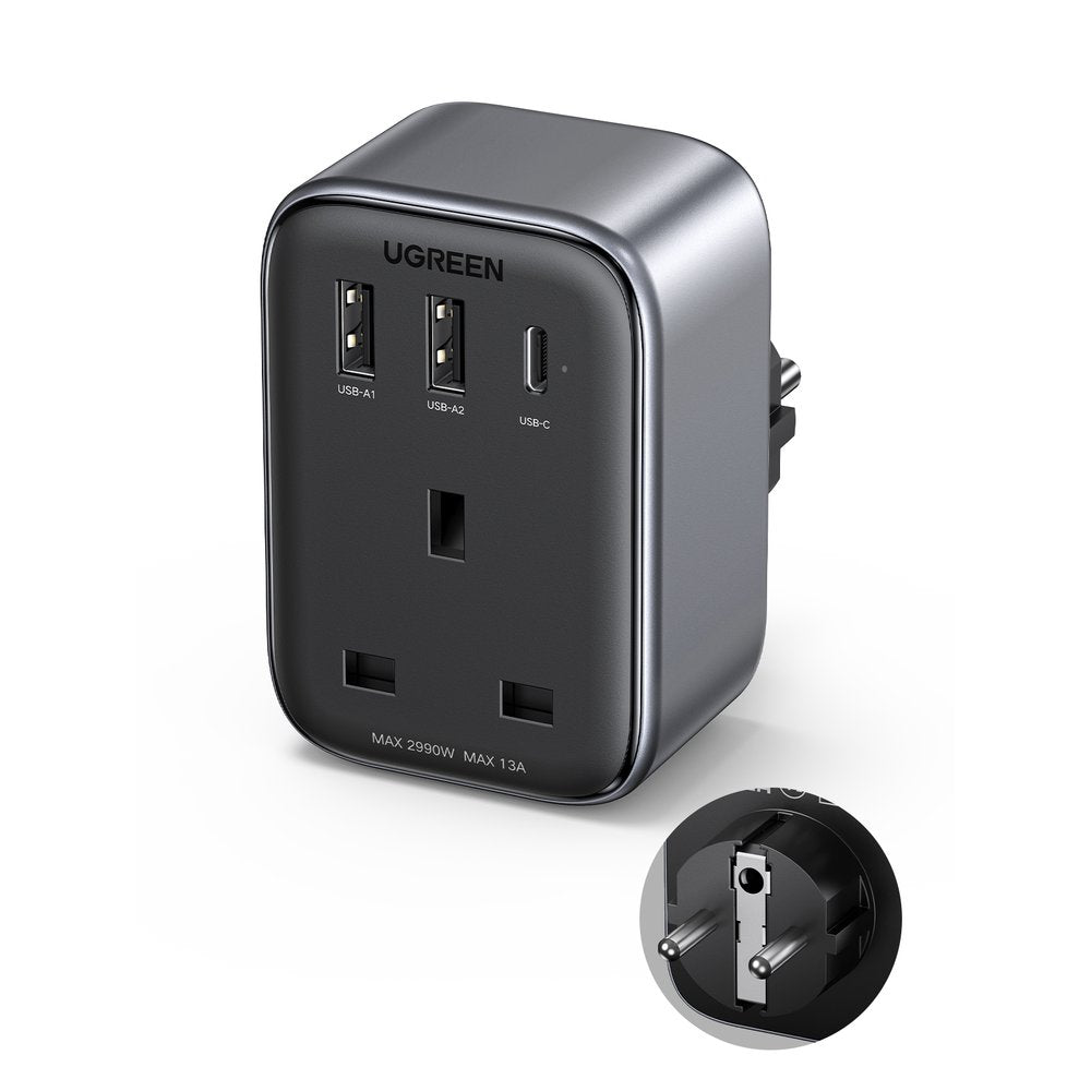 Carregador de Rede 30W (2xUSB/USB C/AC) / adaptador UK - EU 13A Ugreen CD314 - preto