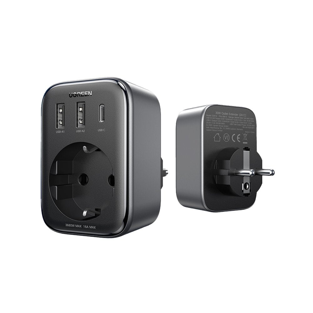 Carregador de rede 30W (2xUSB/USB C/AC) / adaptador EU - EU 13A Ugreen CD314 - preto