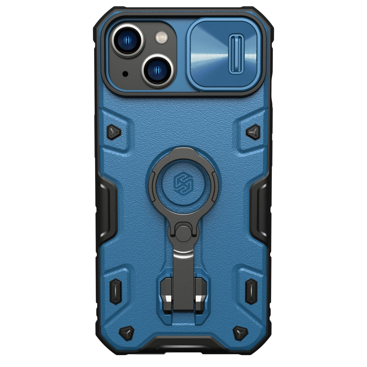 Capa Nillkin CamShield Armor Pro para iPhone 14, capa resistente com proteção para câmera e suporte anelar na cor azul.