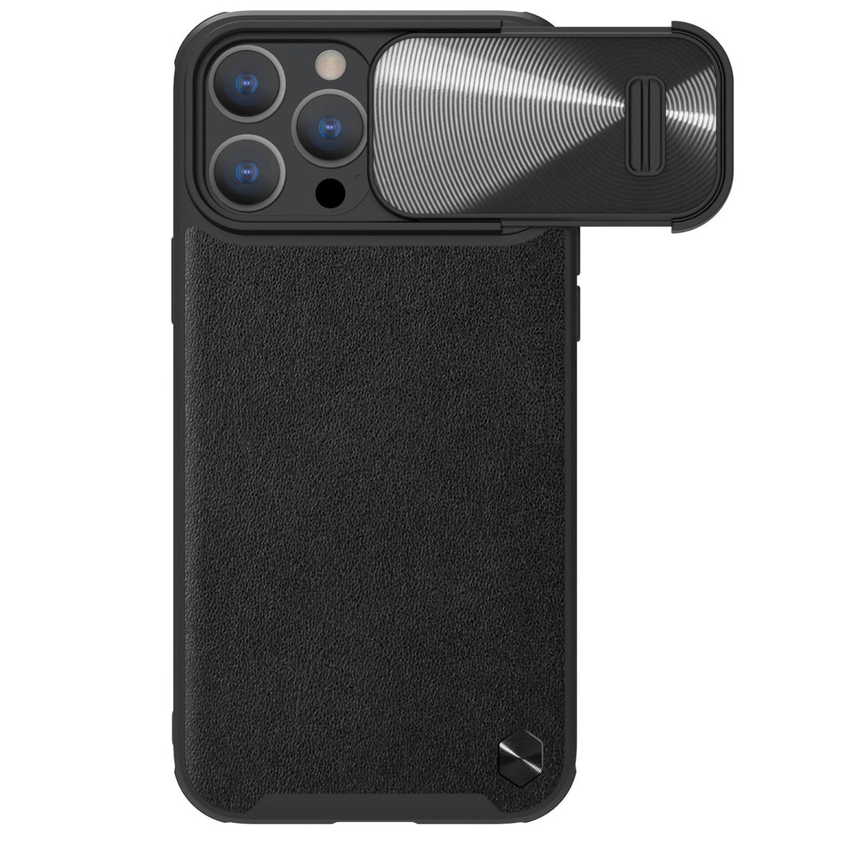 Capa de Couro Nillkin CamShield S para iPhone 14 Pro Max com proteção para a câmera na cor preta