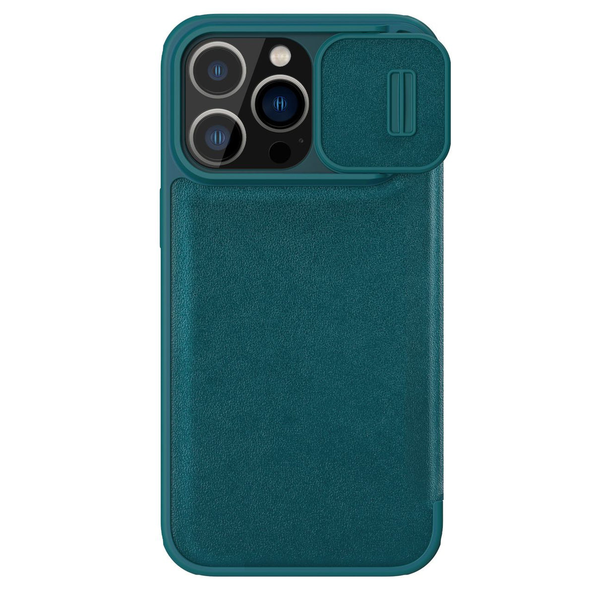 Capa de Couro Nillkin Qin Pro para iPhone 14 Pro Max, capa protetora para câmera, coldre, estojo com aba na cor verde.