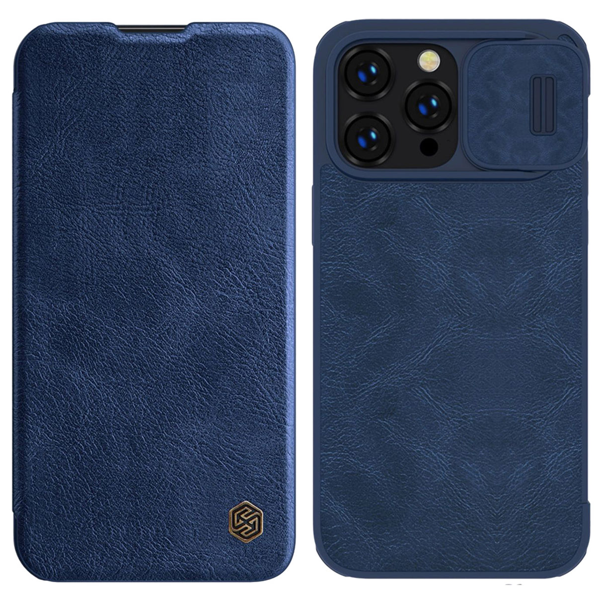 Capa de Couro Nillkin Qin Pro para iPhone 14 Pro Max, capa protetora para câmera, coldre, estojo, capa flip na cor azul.