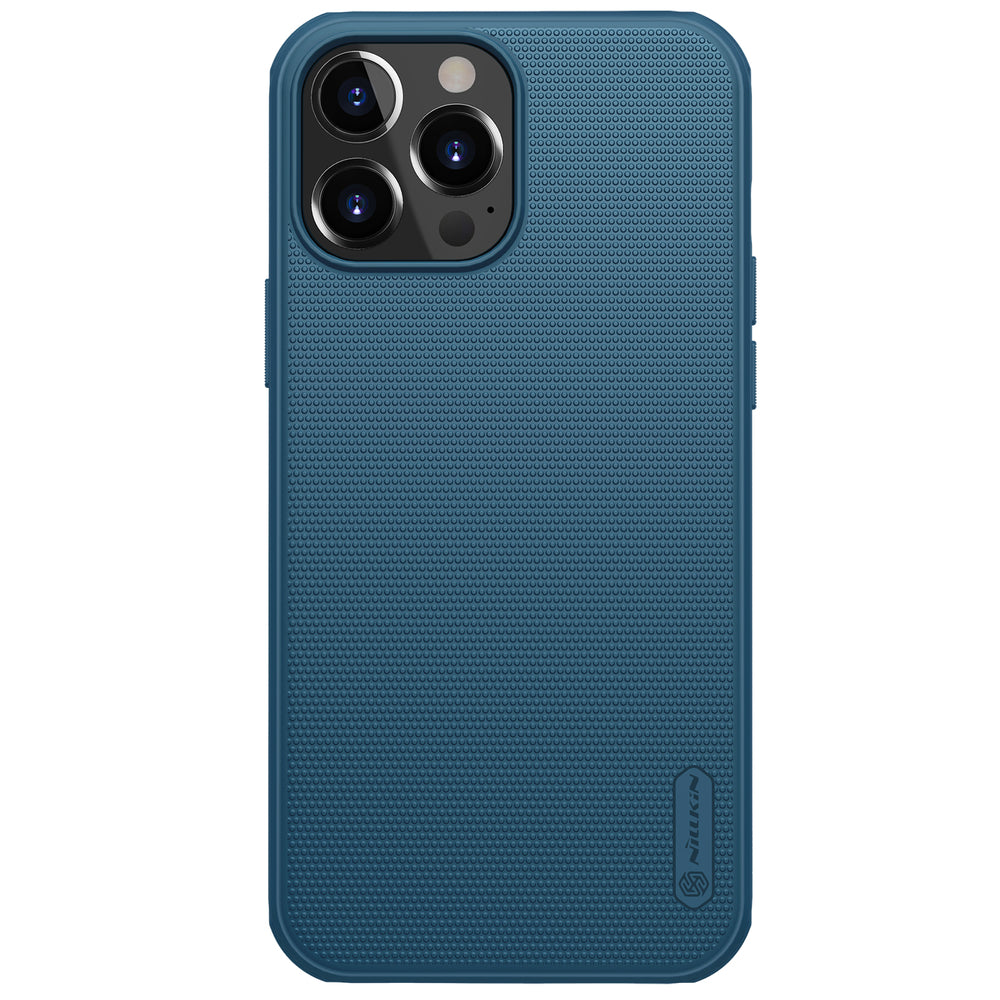 Capa reforçada Nillkin Super Frosted Shield para iPhone 13 Pro Max na cor azul.