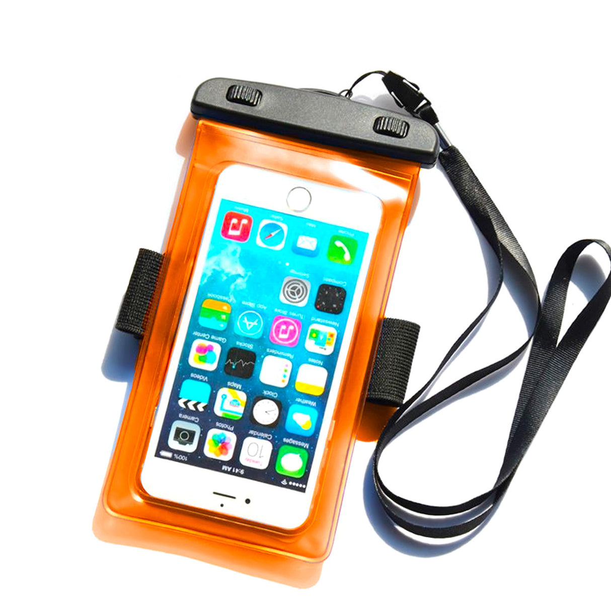 Capa impermeável para telefone com braçadeira de PVC - laranja