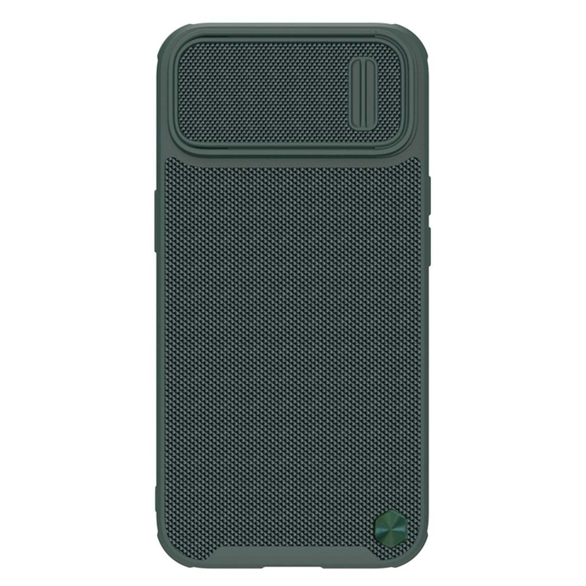 Capa Nillkin Textured S para iPhone 14 Pro Max, capa resistente com proteção para a câmera na cor verde escuro.