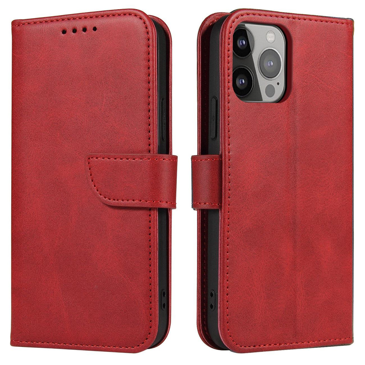 Capa carteira com aba e suporte para iPhone 15 Plus Magnet Case - vermelha