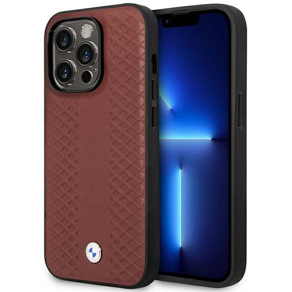 Capa BMW Leather Diamond Pattern MagSafe para iPhone 14 Pro Max - cor bordô