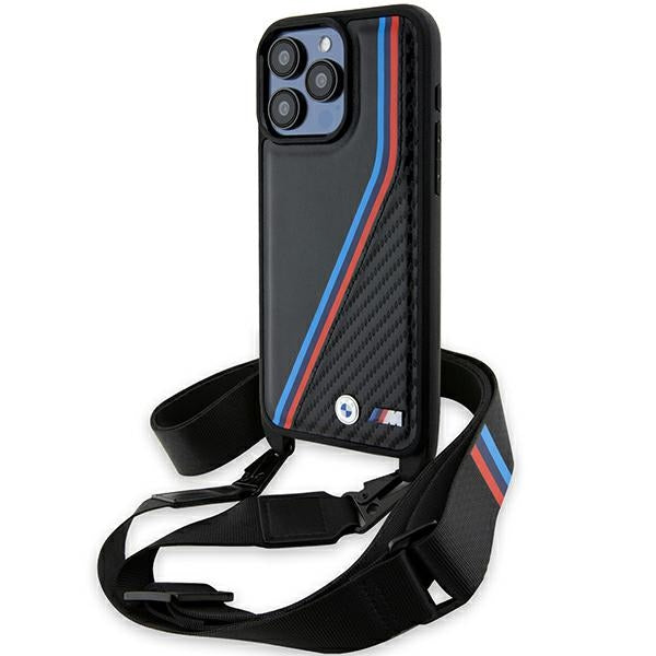 Capa BMW M Edition Carbon Tricolor Lines & Strap para iPhone 15 Pro Max - preta