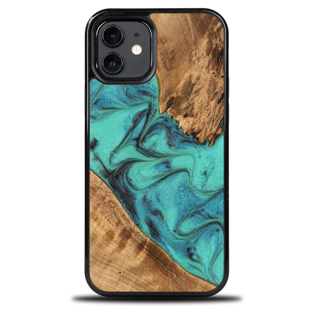 Estojo de madeira e resina para iPhone 12/12 Pro Bewood Unique Turquoise - turquesa e preto