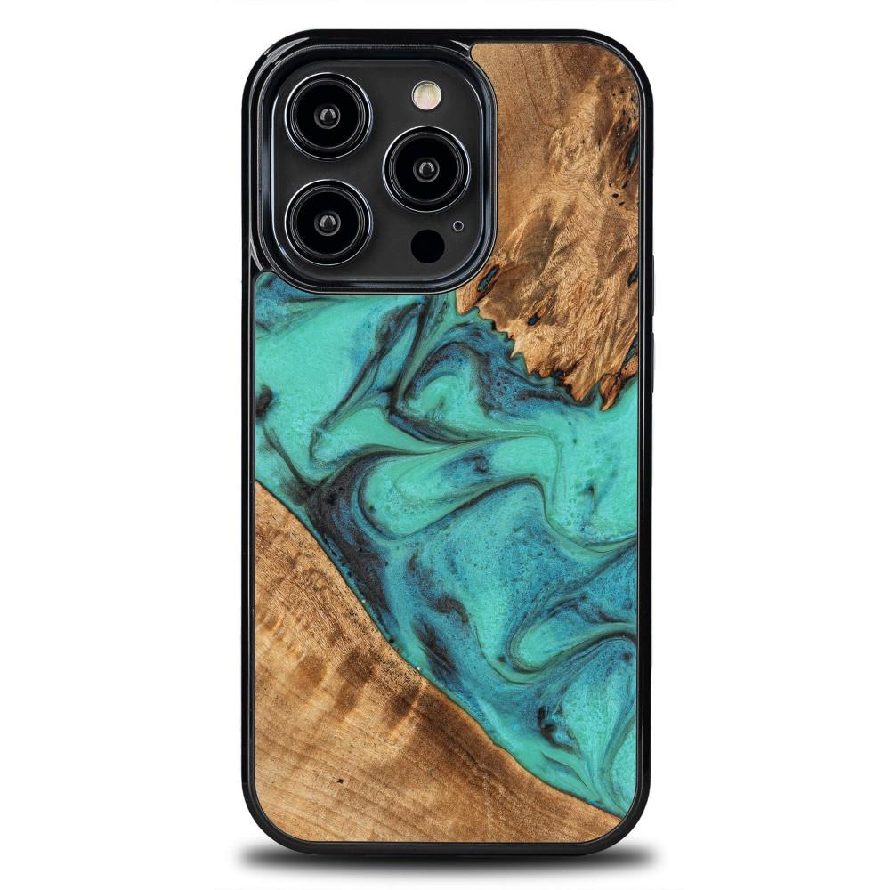 Estojo de madeira e resina para iPhone 14 Pro Bewood Unique Turquoise - turquesa e preto