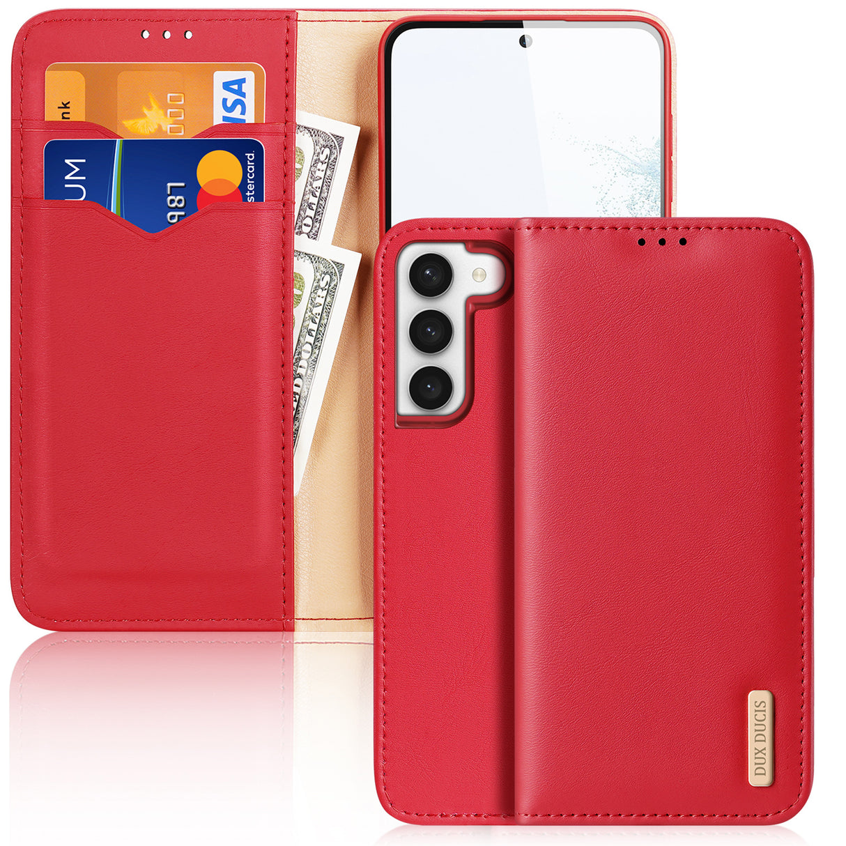 Capa Dux Ducis Hivo para Samsung Galaxy S23 com aba, carteira, suporte e bloqueio RFID na cor vermelha.