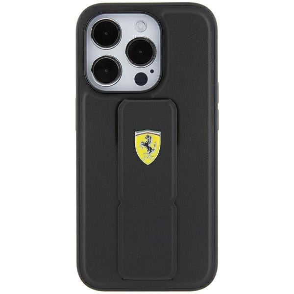Etui Ferrari Grip Stand Metal Logo para iPhone 15 - preto