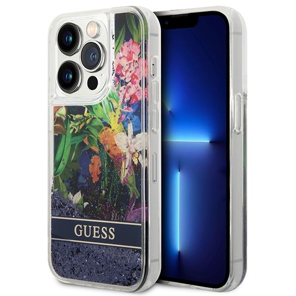 Capa Guess Flower Liquid Glitter para iPhone 14 Pro Max - azul
