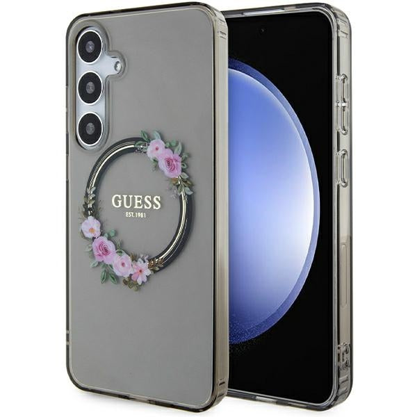 Etui Guess IML Flowers Wreath MagSafe para Samsung Galaxy S24+ - preto