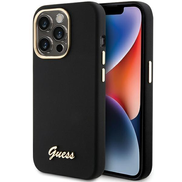 Capa Guess Silicone Script com Logo Metálico e Moldura para iPhone 15 Pro - preta