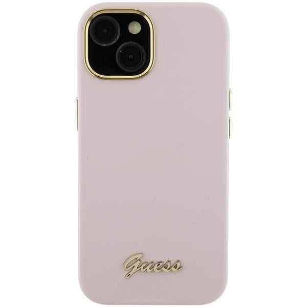 Capa Guess Silicone Script com Logo Metálico e Moldura para iPhone 15 Pro Max - rosa