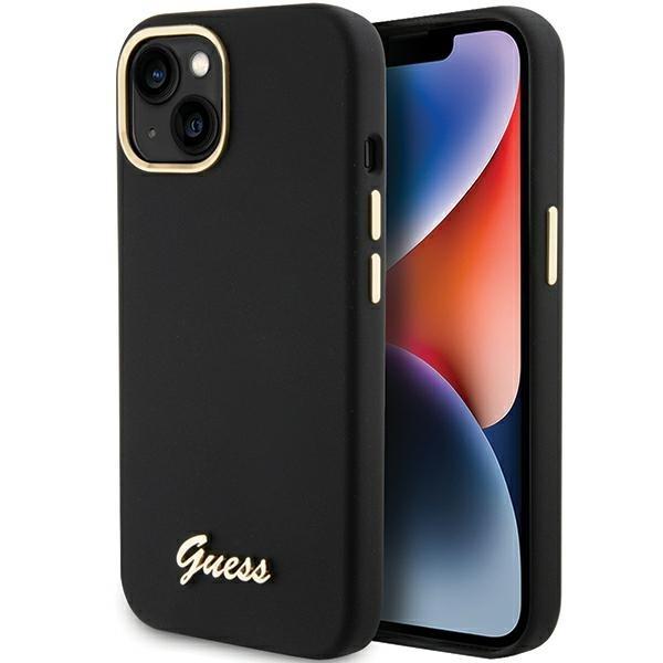 Capa Guess Silicone Script com Logo Metálico e Moldura para iPhone 15 - preta