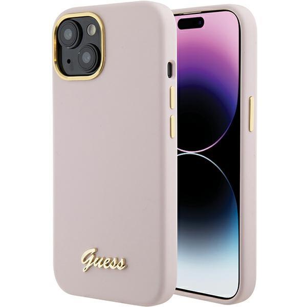 Capa Guess Silicone Script Metal Logo & Frame para iPhone 15 - rosa