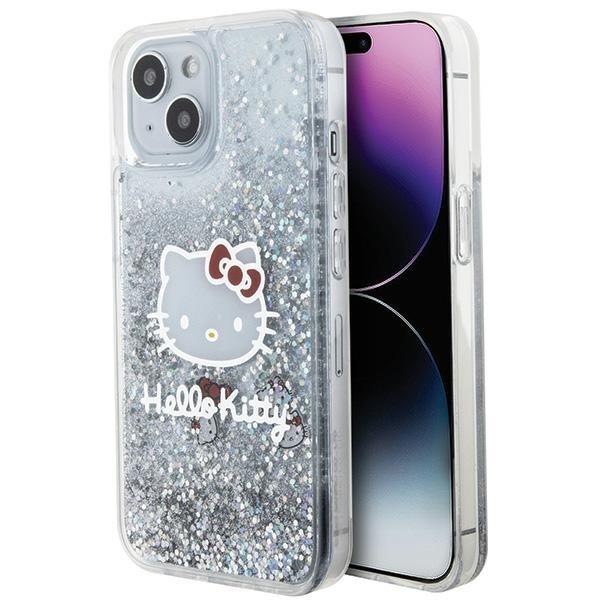 Capa Hello Kitty com Glitter Líquido e Pingentes de Cabeça da Kitty para iPhone 14 - prateada