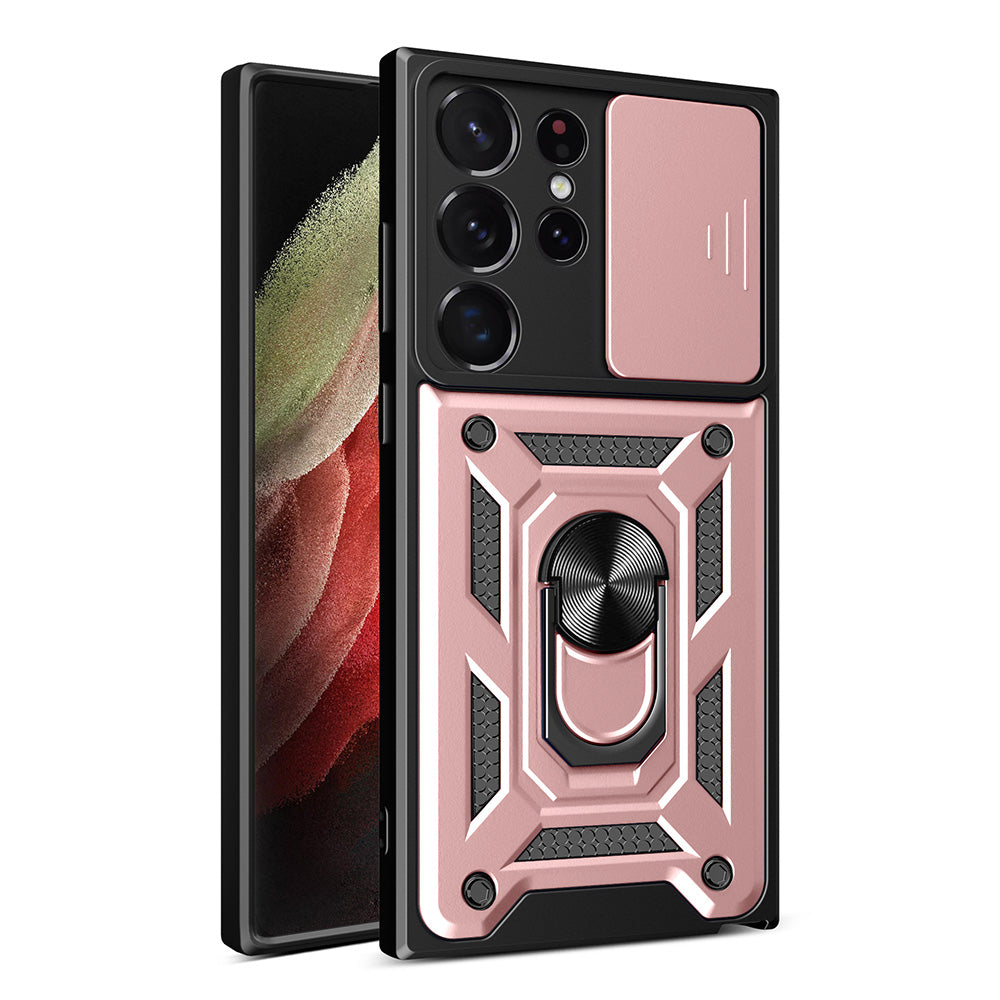 Capa Híbrida Armadura Camshield para Samsung Galaxy S23 Ultra, capa robusta com proteção para a câmera na cor rosa