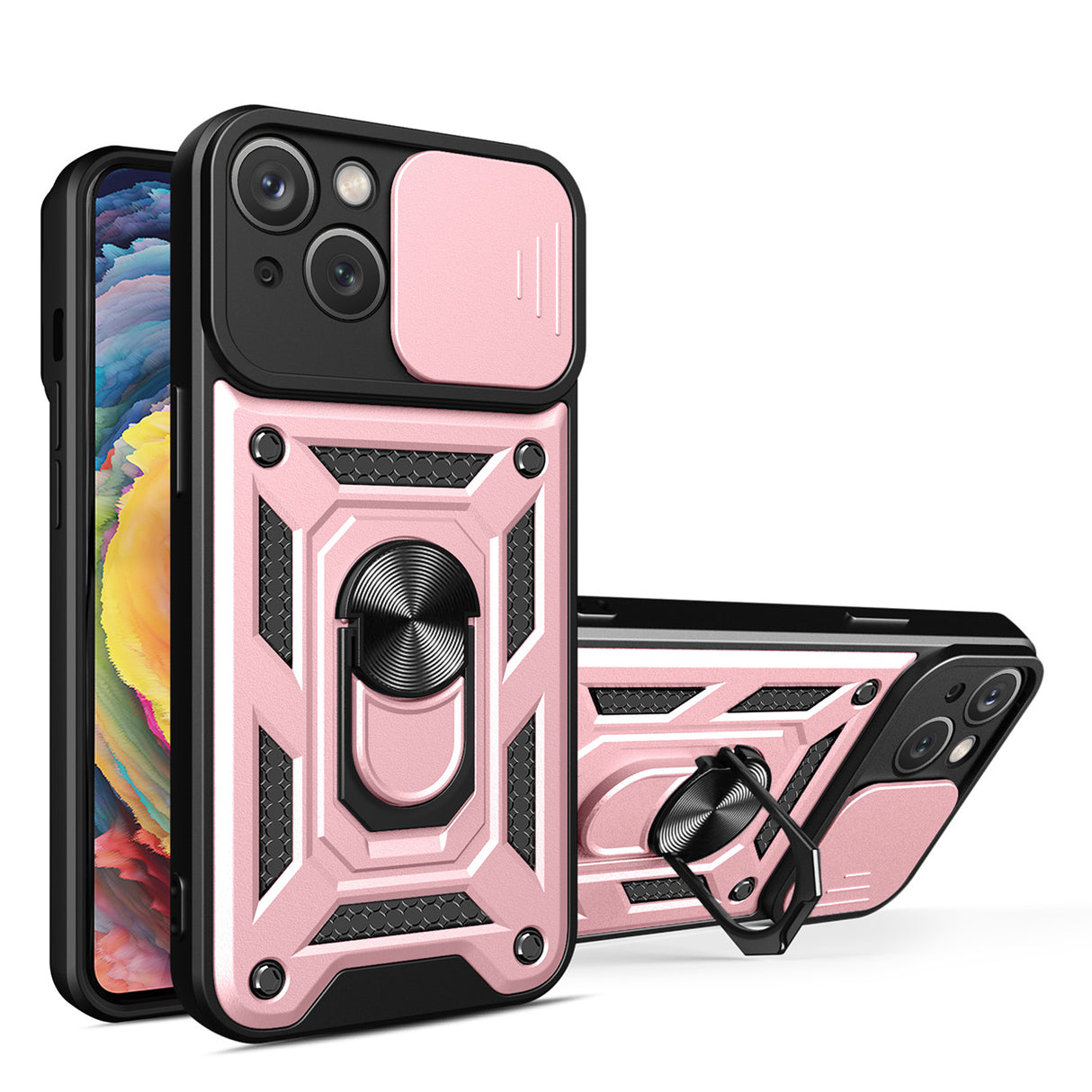 Capa híbrida blindada Camshield para iPhone 14 com proteção para a câmera em rosa.