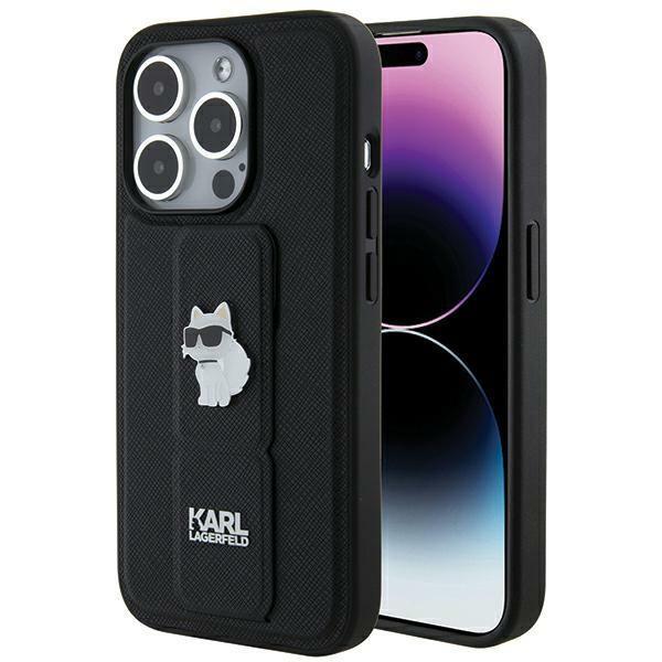Etui Karl Lagerfeld Gripstand Saffiano Choupette Pins para iPhone 14 Pro - preto
