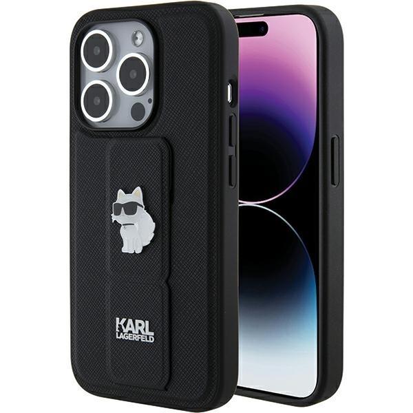 Etui Karl Lagerfeld Gripstand Saffiano Choupette Pins para iPhone 15 Pro - preto