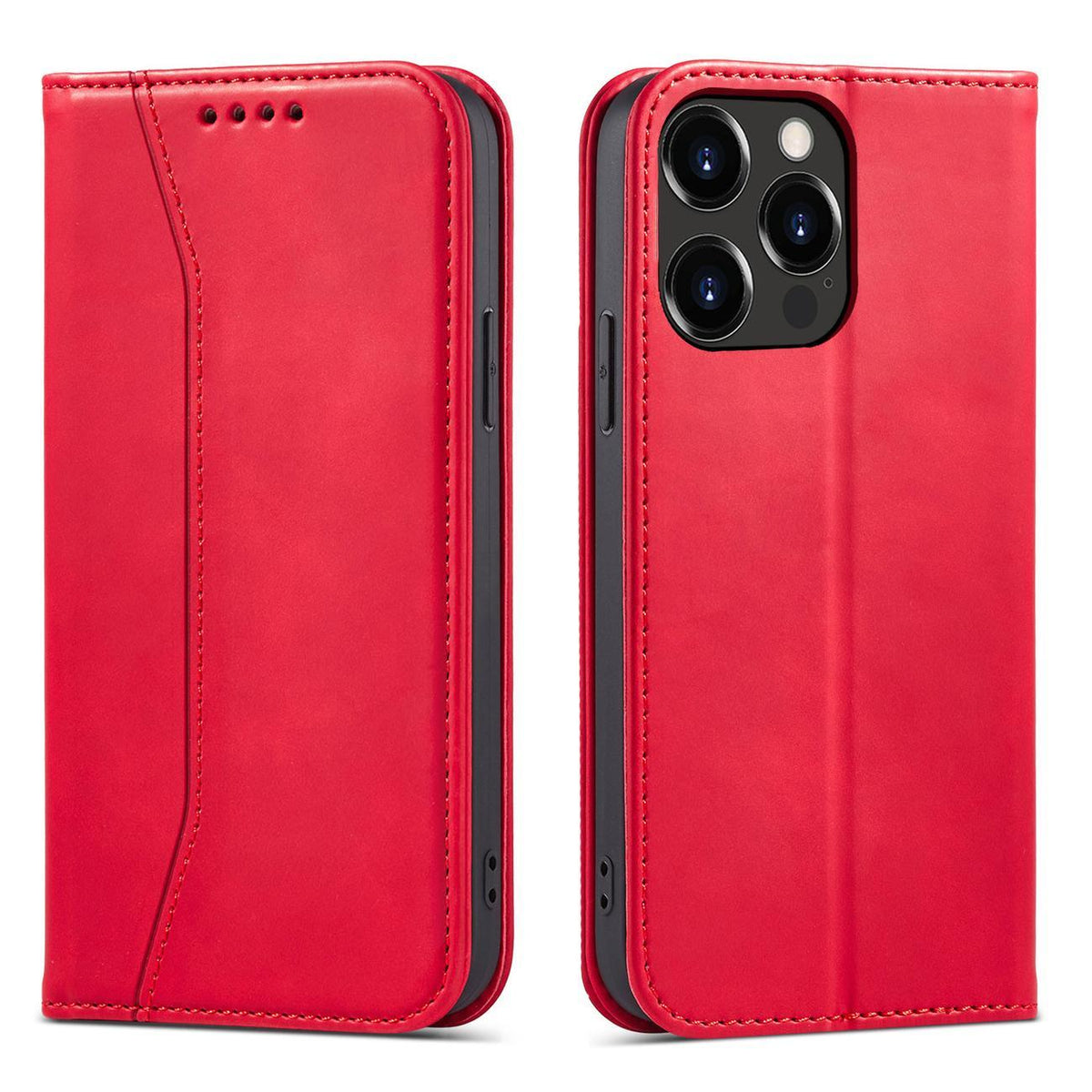 Capa Magnética Fancy para iPhone 14 Pro com aba, carteira e suporte na cor vermelha.