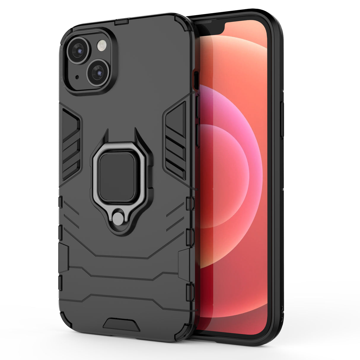 Capa blindada Ring Armor para iPhone 14 Plus com suporte magnético e anel na cor preta.