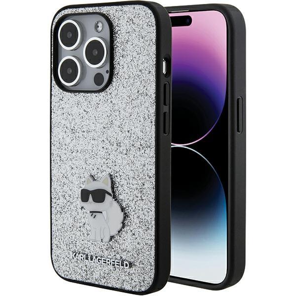 Capa Etui Karl Lagerfeld Fixed Glitter Choupette com Logo e Pino Metálico para iPhone 15 Pro - prateada