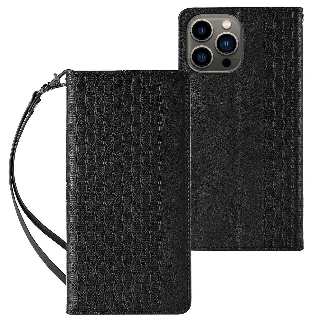 Capa com Alça Magnética e Porta-Cartões para Samsung Galaxy S23+, com Mini Cordão e Suporte, na Cor Preta