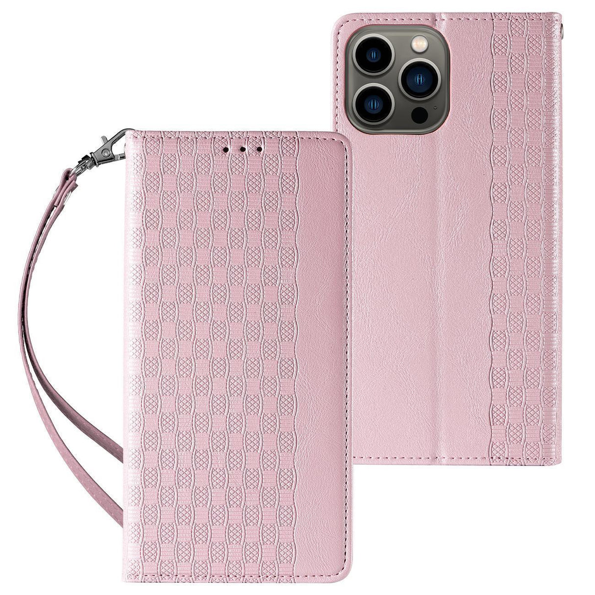 Capa com Alça Magnética para Samsung Galaxy S23+ com aba, carteira mini, cordão e suporte na cor rosa.