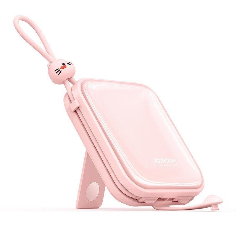 Banco de energia Joyroom com cabos USB C e Lightning e suporte da série Cutie 10000mAh 22.5W rosa (JR-L008)