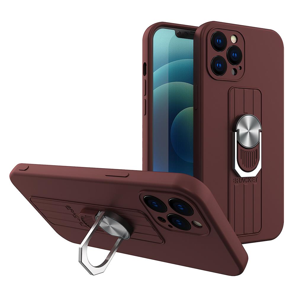 Caso de Anel capa de silicone com suporte para dedo e base para iPhone 11 Pro Max castanho