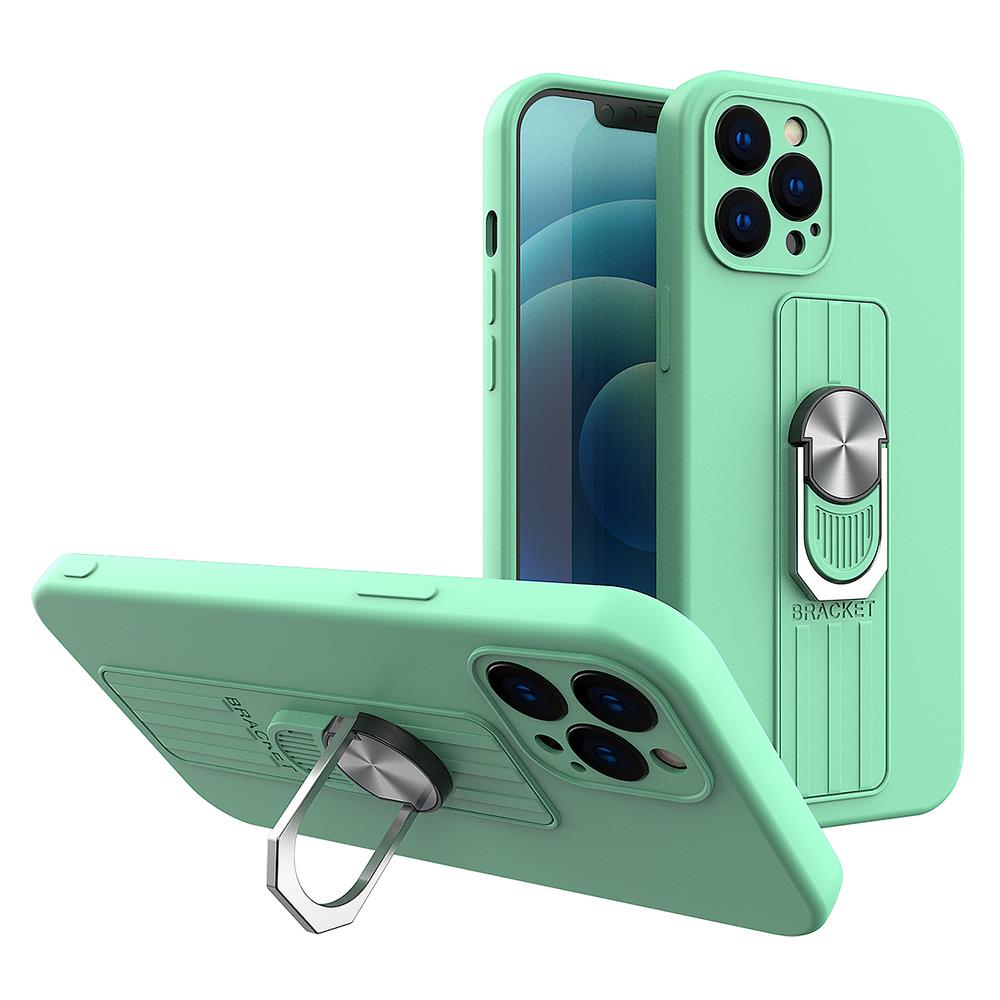 Capa de silicone Ring Case com suporte para dedo e base para iPhone 13 na cor menta.