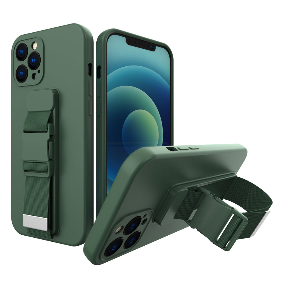 Caso de corda, capa gelatinosa com alça de corrente, bolsa de cordão para iPhone 12 Pro Max verde escuro