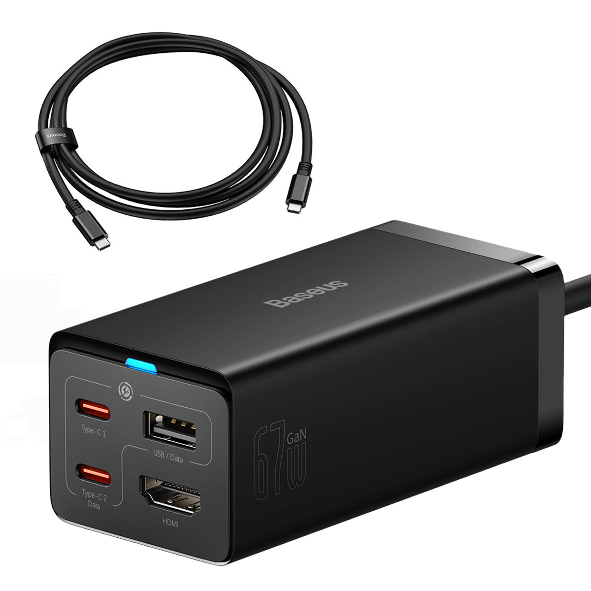 Carregador de Rede GaN5 Baseus CCGP110201 HUB HDMI 2x USB-C / USB-A / HDMI 4K 30Hz 1,5m - preto + cabo USB-C para USB-C 100W 1m