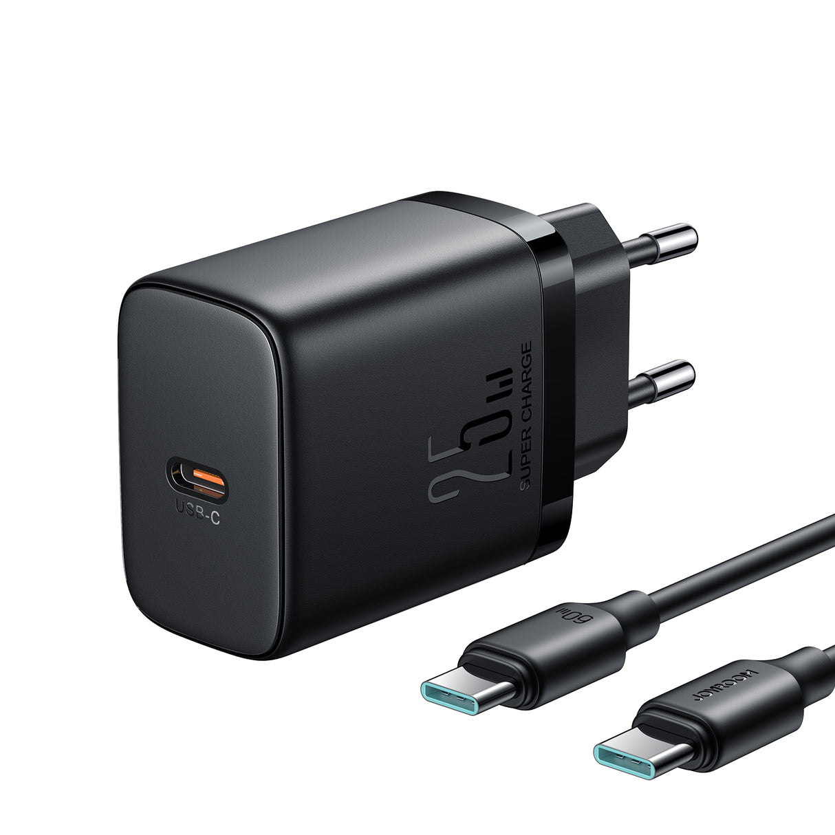 Carregador rápido Joyroom JR-TCF11 de até 25W + cabo USB-C / USB-C de 1m - preto
