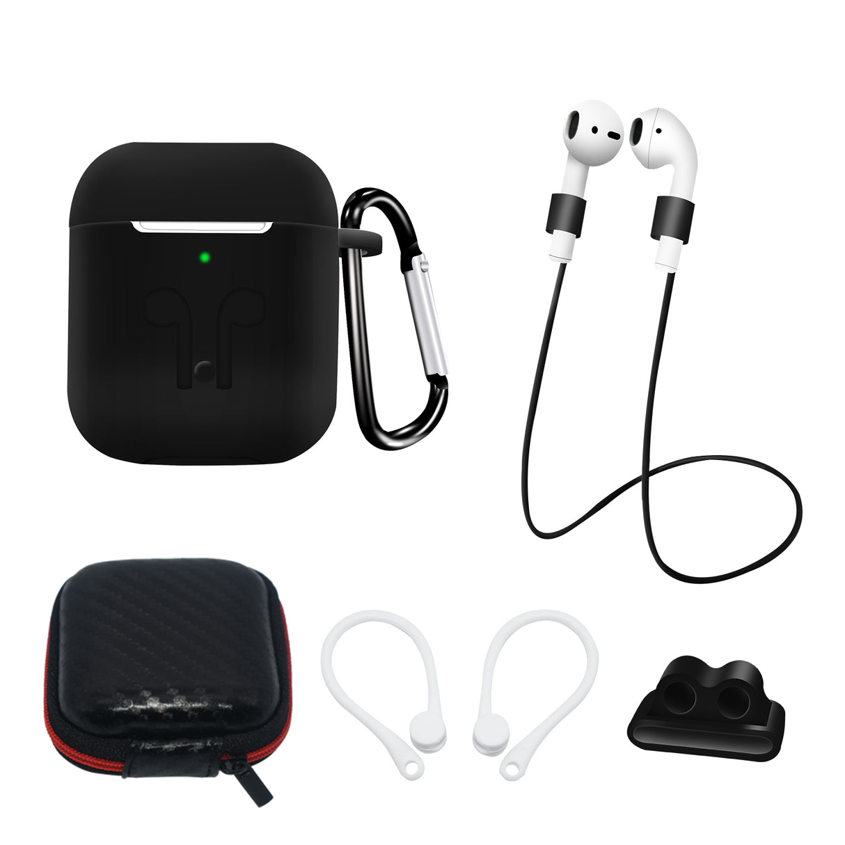 Kit de capa de silicone para AirPods 2 / AirPods 1 + estojo / gancho de orelha / alça de pescoço / suporte para pulseira de relógio / mosquetão - preto